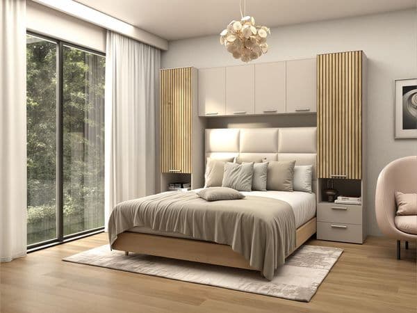 Miracle Cashmere Taupe and Slatted Oak Effect Overbed Storage Unit - 3484rz