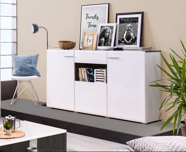 Reneese White Gloss and Black Large Tall Wide Sideboard Storage Unit - 11008632