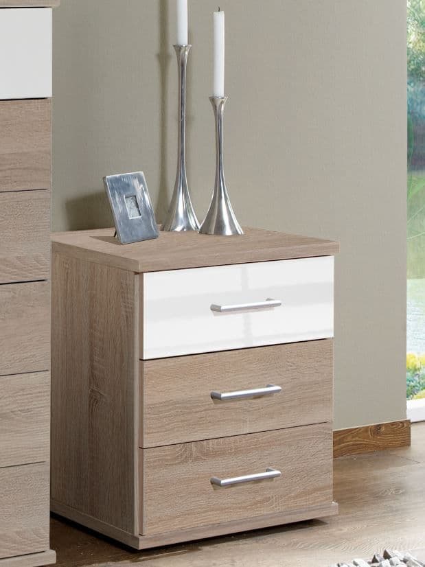 Munich 3 Drawer Bedside Table in Oak and White Gloss 2971