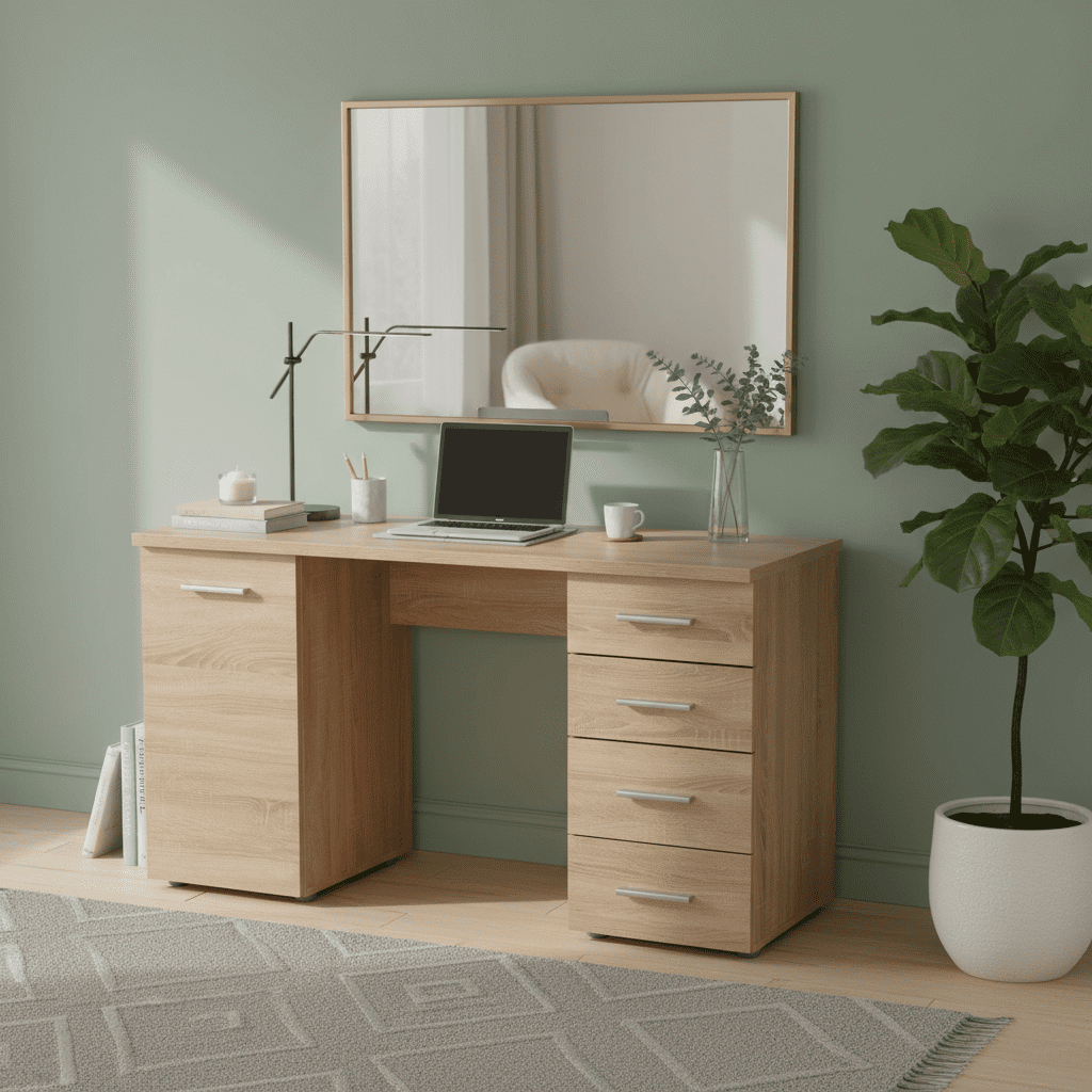 Ravenna Sonoma Oak Office Desk With Storage Drawers and Cupboard- 11008649