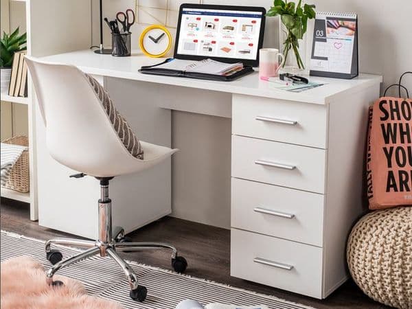 Ravenna White Office Desk With Storage Drawers and Cupboard- 11008656