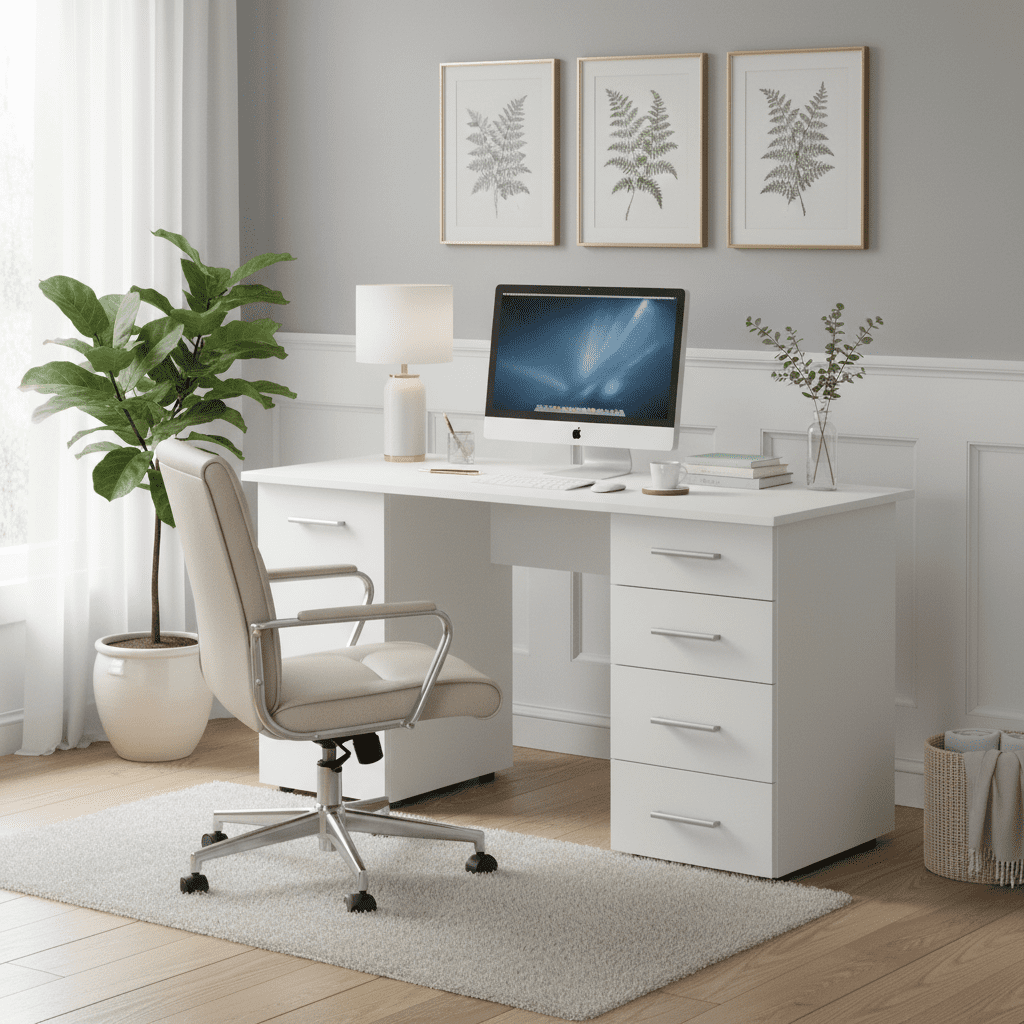 Ravenna White Office Desk With Storage Drawers and Cupboard- 11008656