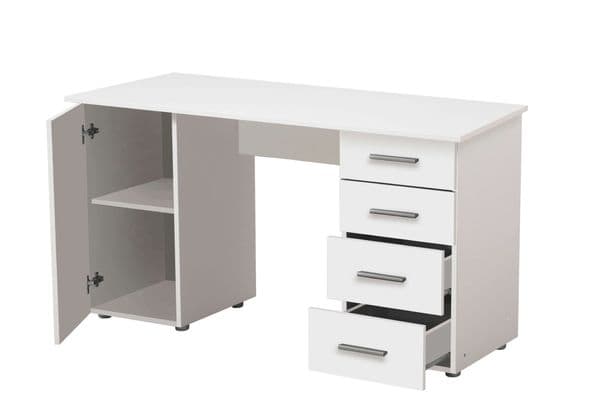 Ravenna White Office Desk With Storage Drawers and Cupboard- 11008656