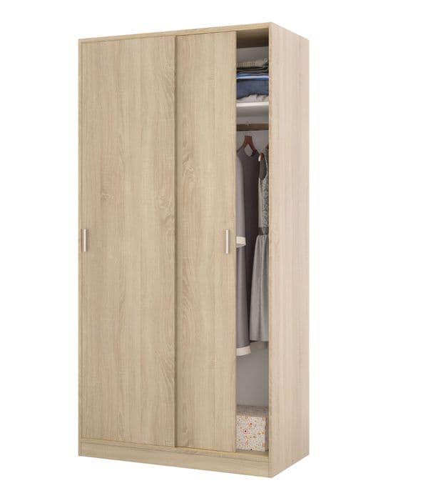 Zian Canadian Oak Effect Small Narrow Space-Saving Sliding 2 Door Wardrobe 100cm Wide - MAX019F