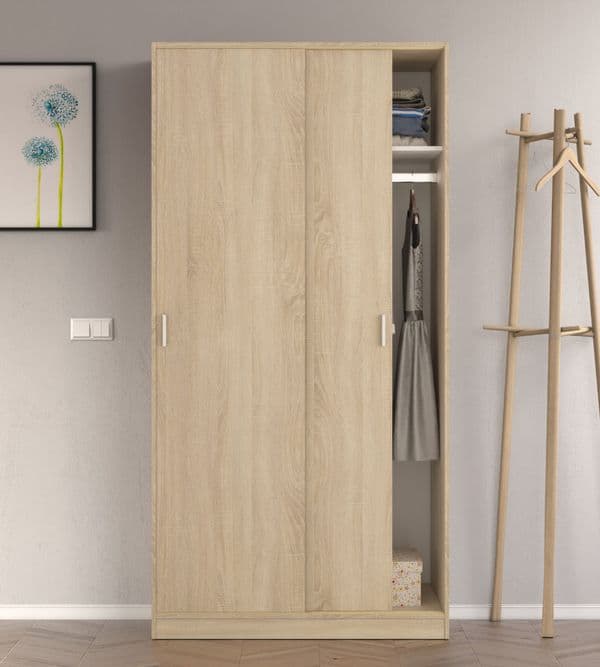 Zian Canadian Oak Effect Small Narrow Space-Saving Sliding 2 Door Wardrobe 100cm Wide - MAX019F