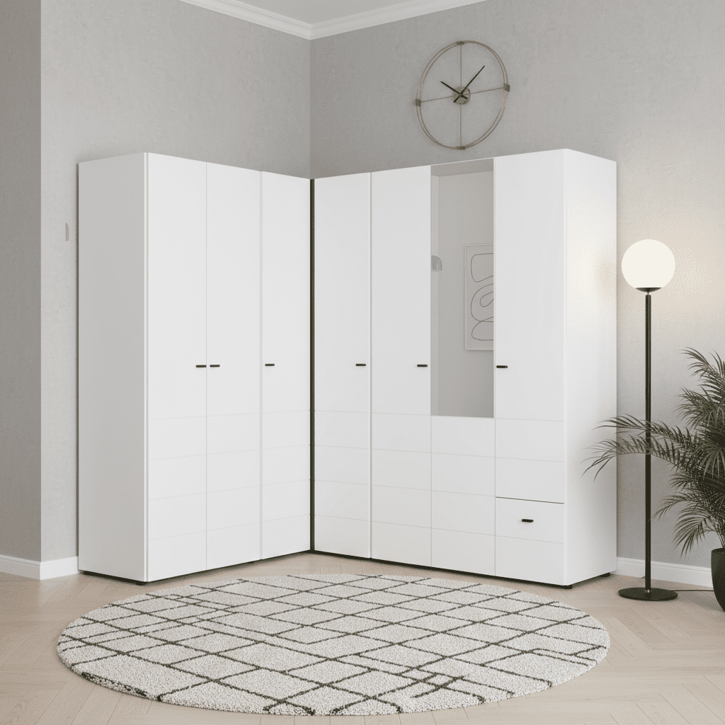 Nevaris White 3 Piece Large Corner Bedroom Wardrobe Modular Set