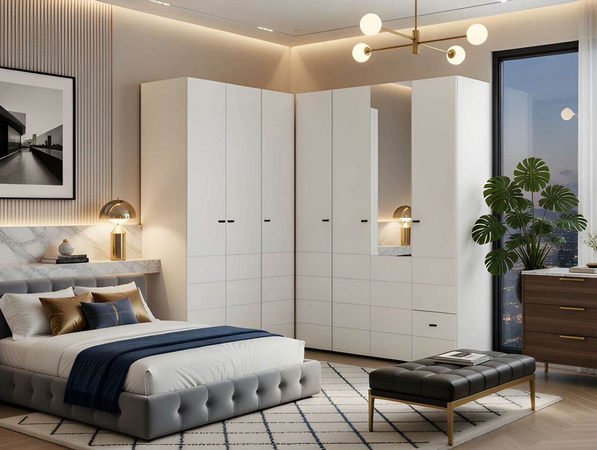 Nevaris White 3 Piece Large Corner Bedroom Wardrobe Modular Set