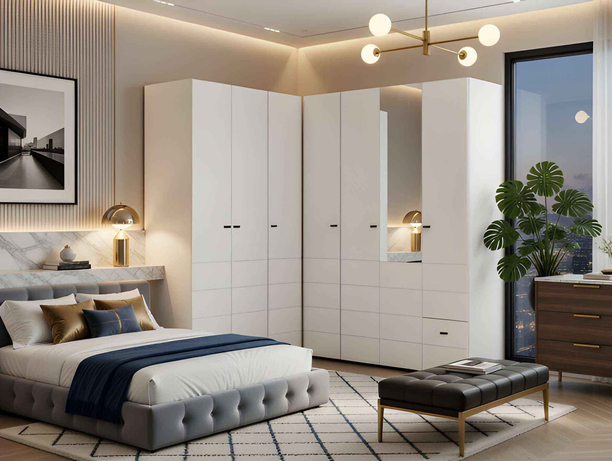 Nevaris White 3 Piece Large Corner Bedroom Wardrobe Modular Set