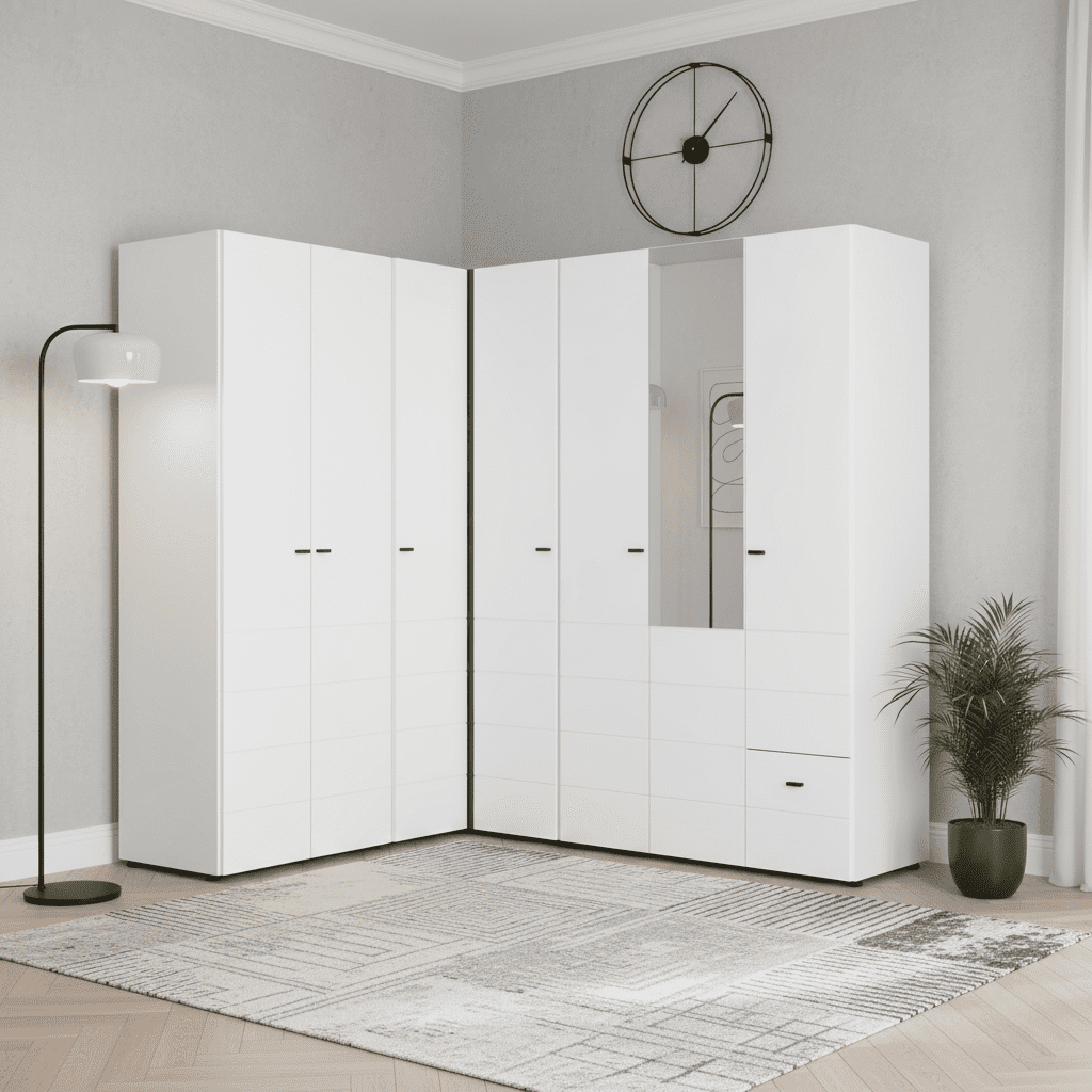 Nevaris White 3 Piece Large Corner Bedroom Wardrobe Modular Set