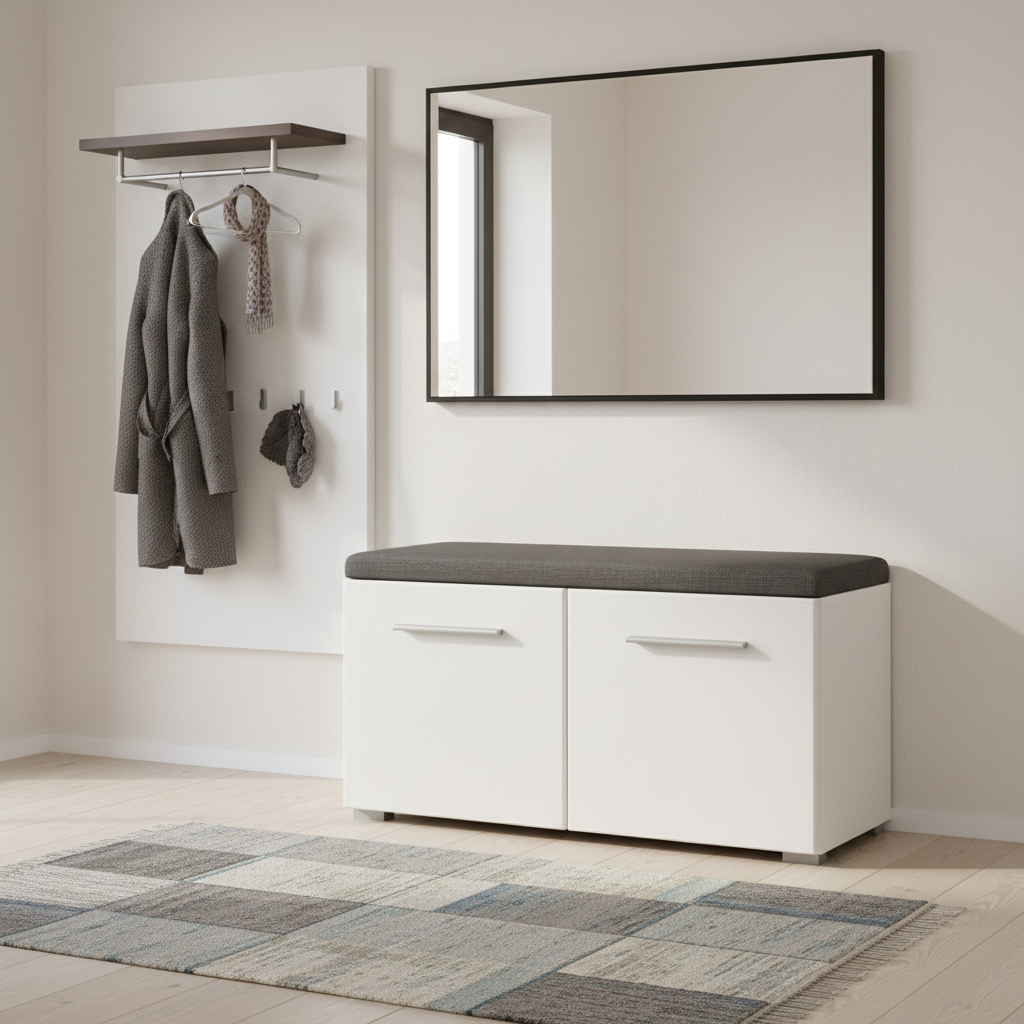 Pluton White Gloss Shoe Bench Storage with Grey Cusion Seat- 11008567