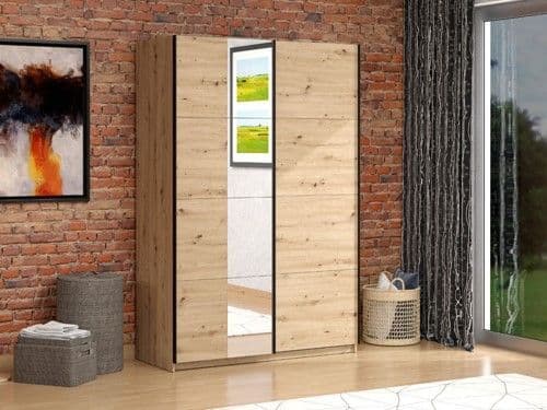 Raya Oak Effect Mirrored Sliding Door Wardrobe 145cm - 11013480
