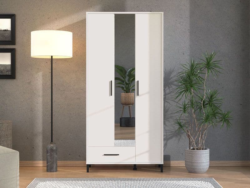 Orska White 3 Door Tall Shallow Depth Mirrored Wardrobe for Small Spaces - 11014281