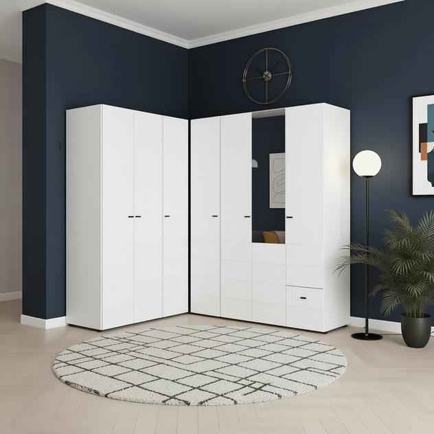 Nevaris White 3 Piece Large Corner Bedroom Wardrobe Modular Set