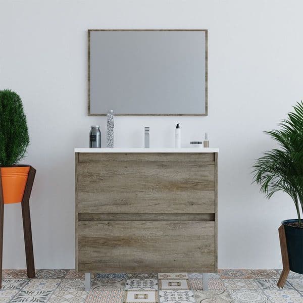 Pico 800mm Oak Effect 2 Drawer Bathroom Vanity Cabinet with Sink And Mirror -305040H