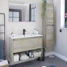 Pico Oak Effect 2 Door Wall Mounted Floating Bathroom Storage Cupboard-305070C