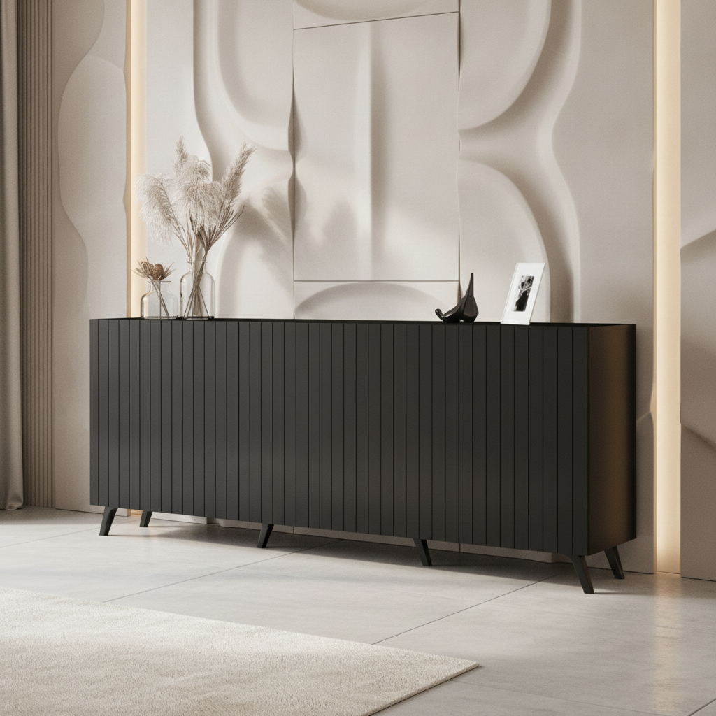 Nora Matte Black Slatted 4 Door Wide Elegant Sideboard