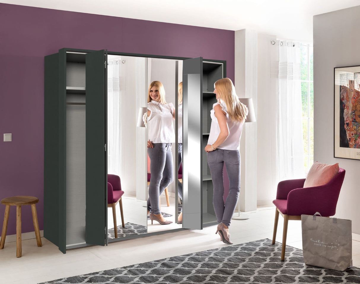 Rico Bi-Fold and Mirrored 4 Door 183cm Wardrobe Dark Grey 2955