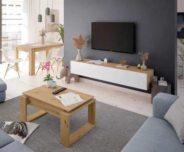 River Nordic Oak Effect And White Wall Mounted Floating Wide Large TV Entertainment Unit- 016601WS