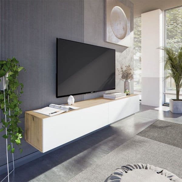 River Nordic Oak Effect And White Wall Mounted Floating Wide Large TV Entertainment Unit- 016601WS