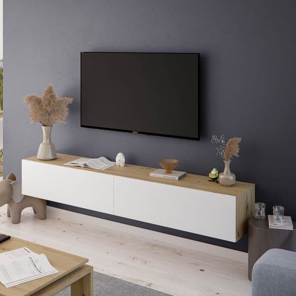 River Nordic Oak Effect And White Wall Mounted Floating Wide Large TV Entertainment Unit- 016601WS
