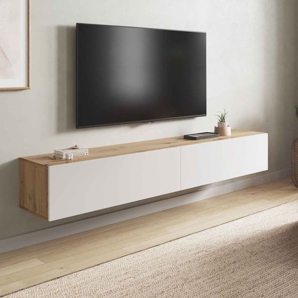 River Nordic Oak Effect And White Wall Mounted Floating Wide Large TV Entertainment Unit- 016601WS