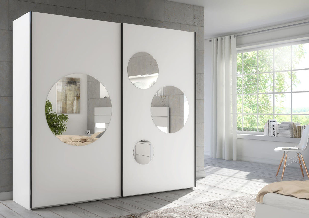 Cullinan White Large 219cm Sliding Door Wardrobe With Round Mirrors - 8XIKS102