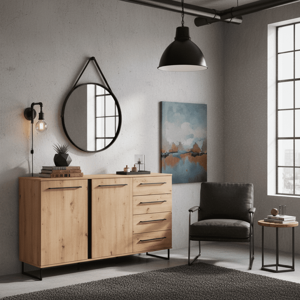 Nuraga Artisan Oak Effect And Black 159cm 2 Door 4 Drawer Sideboard - 11008230