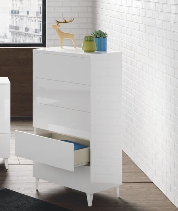 Lira Tall White Soft Gloss Chest of Drawers with 5 drawers and legs- 007835BO