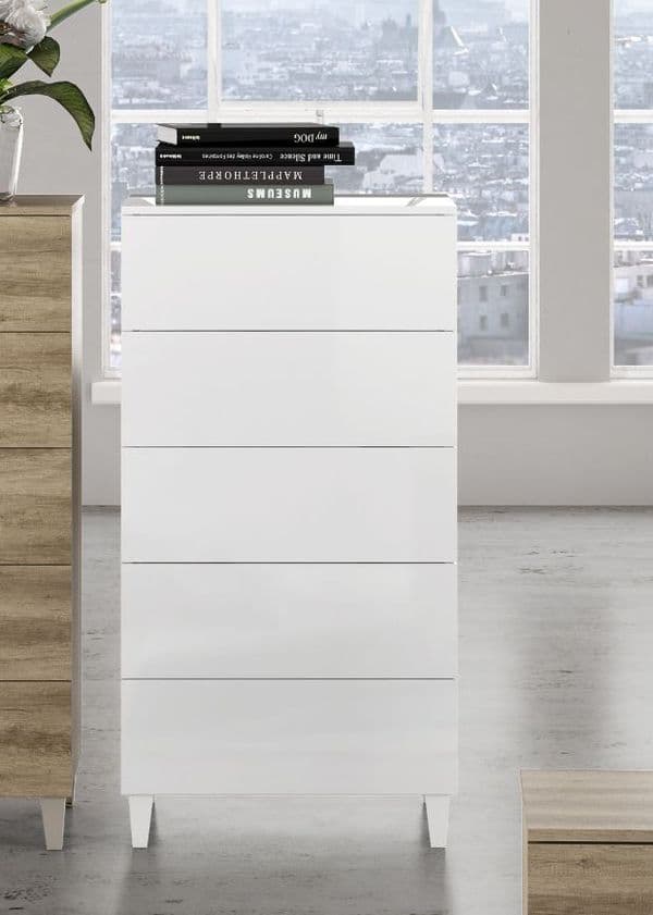 Lira Tall White Soft Gloss Chest of Drawers with 5 drawers and legs- 007835BO