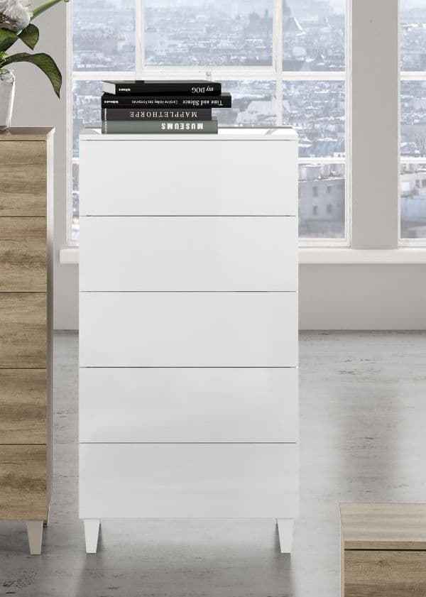 Lira Tall White Soft Gloss Chest of Drawers with 5 drawers and legs- 007835BO