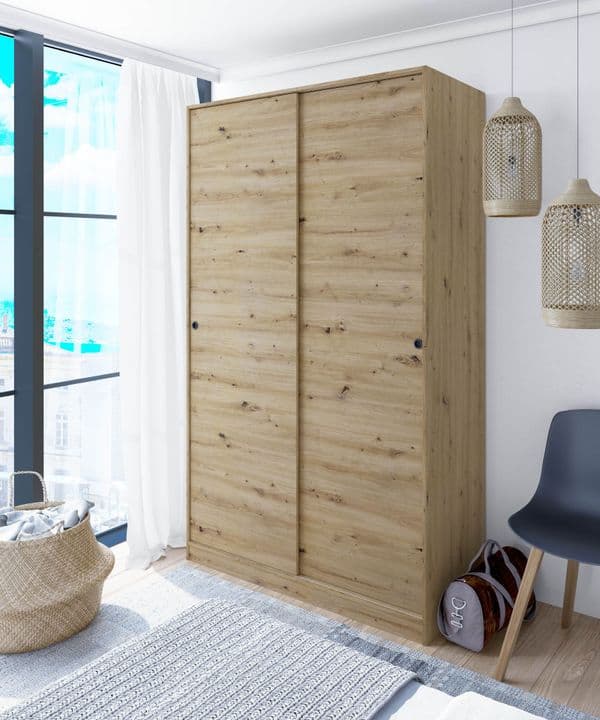 Sherleen Nodi Oak Effect Small Narrow Sliding 2 Door Wardrobe 120cm Wide - TOP020W