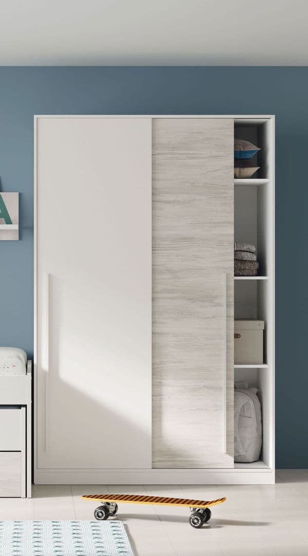 Chilton Artic White and White Oak Effect Small Narrow Sliding 2 Door Wardrobe 120cm Wide - TOP121A