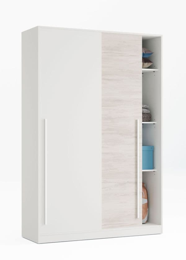 Chilton Artic White and White Oak Effect Small Narrow Sliding 2 Door Wardrobe 120cm Wide - TOP121A