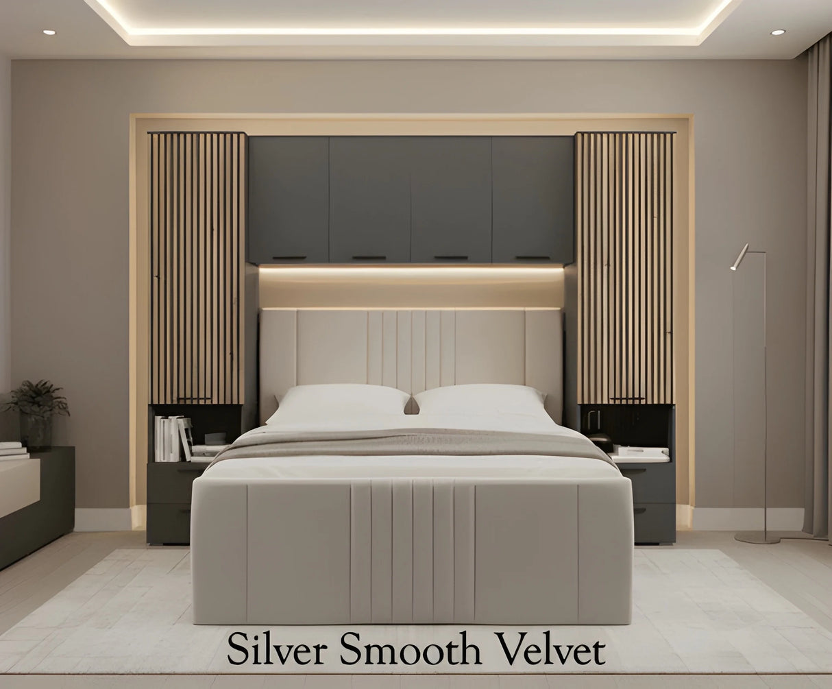 Miracle Grey and Slat Effect Overbed Unit with Double or Kingsize Bed Bedroom Furniture SET - 3195/ANDREA