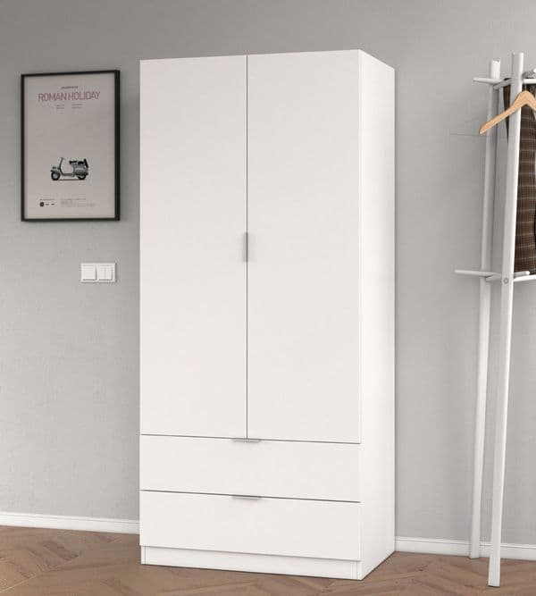 Spinda Artic White Compact Narrow 2 Door 2 Drawer Space-Saving Wardrobe 81cm Wide- LCX222O
