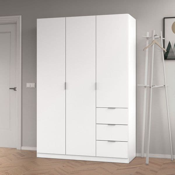 Spinda Artic White Narrow 3 Door 3 Drawer Space-Saving Wardrobe 135cm Wide - LCX353O