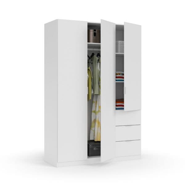Spinda Artic White Narrow 3 Door 3 Drawer Space-Saving Wardrobe 135cm Wide - LCX353O
