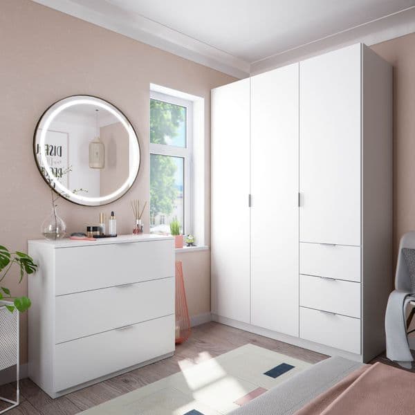 Spinda Artic White Narrow 3 Door 3 Drawer Space-Saving Wardrobe 135cm Wide - LCX353O