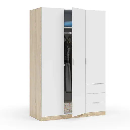 Spinda Artic White & Oak Effect Narrow 3 Door 3 Drawer Space-Saving Wardrobe 121cm - LC1323F