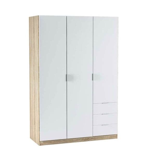 Spinda Artic White & Oak Effect Narrow 3 Door 3 Drawer Space-Saving Wardrobe 121cm - LC1323F