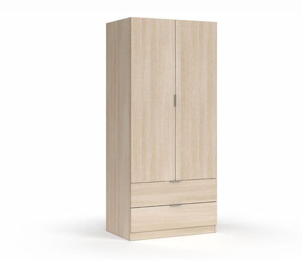 Spinda Oak Effect Compact Narrow 2 Door 2 Drawer Space-Saving Wardrobe 81cm Wide - 00X222R