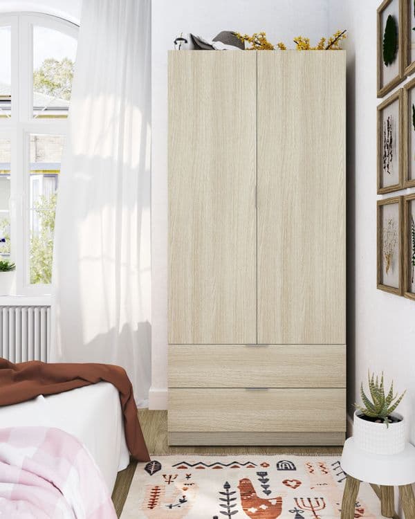 Spinda Oak Effect Compact Narrow 2 Door 2 Drawer Space-Saving Wardrobe 81cm Wide - 00X222R