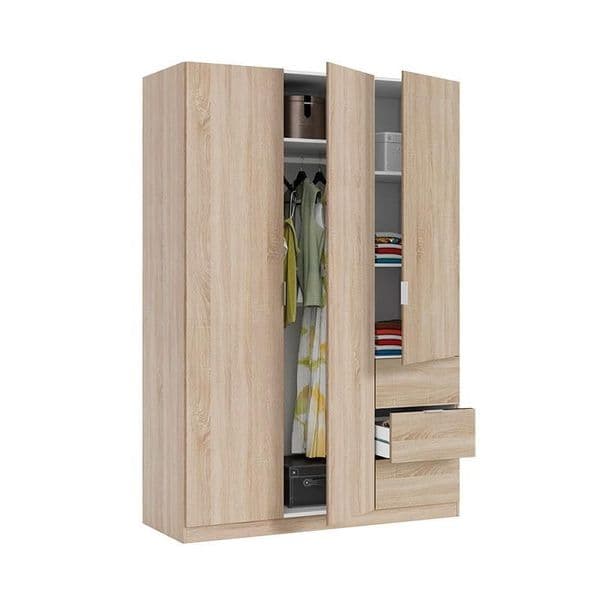 Spinda Oak Effect Narrow 3 Door 3 Drawer Space-Saving Wardrobe 135cm Wide - LCX353F