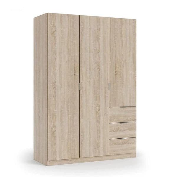 Spinda Oak Effect Narrow 3 Door 3 Drawer Space-Saving Wardrobe 135cm Wide - LCX353F