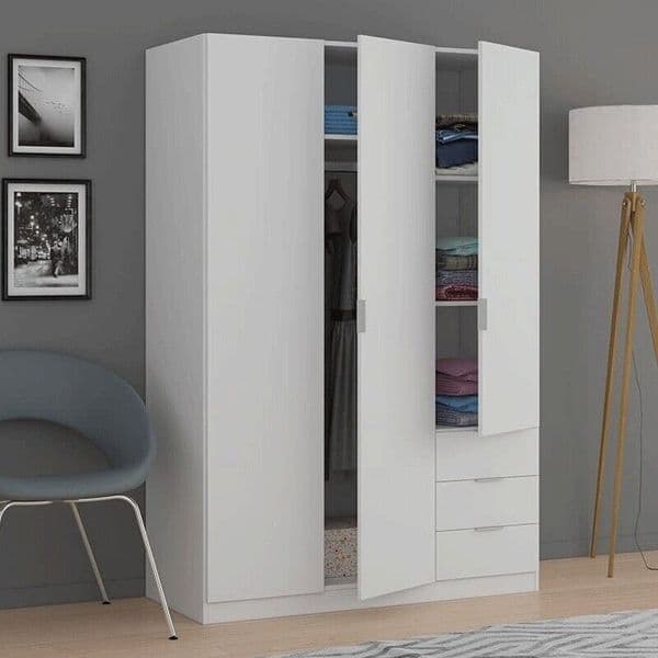 Spinda Small Artic White Narrow 3 Door 3 Drawer Space-Saving Wardrobe 121cm Wide- LCX323O