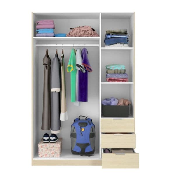 Spinda Small Oak Effect Narrow 3 Door 3 Drawer Space-Saving Wardrobe 121cm Wide - LCX323R
