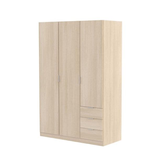 Spinda Small Oak Effect Narrow 3 Door 3 Drawer Space-Saving Wardrobe 121cm Wide - LCX323R