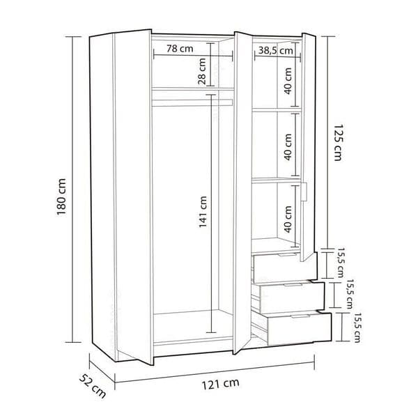 Spinda Small Oak Effect Narrow 3 Door 3 Drawer Space-Saving Wardrobe 121cm Wide - LCX323R