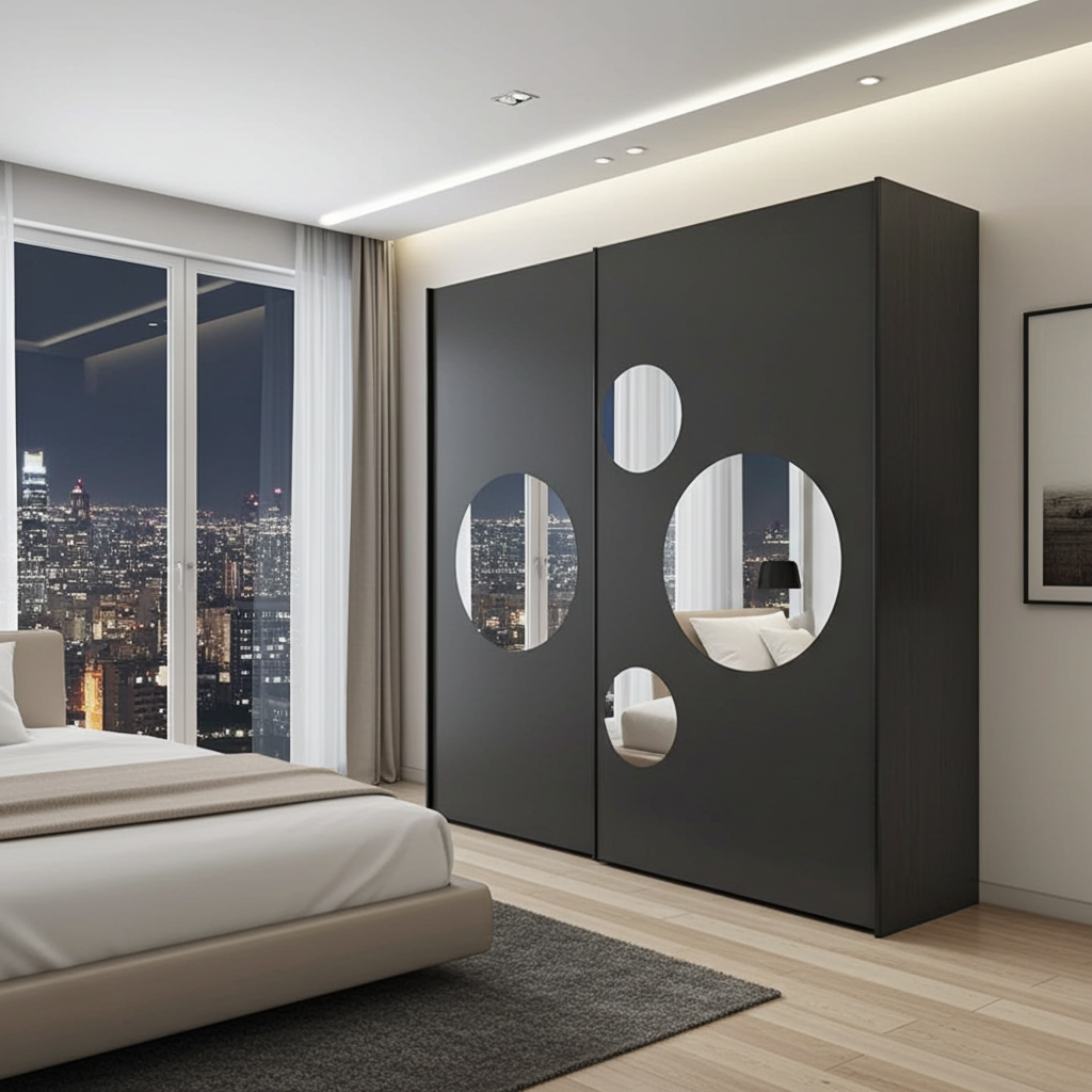 Cullinan Dark Grey Large 219cm Sliding Door Wardrobe With Round Mirrors - 8XGMS202