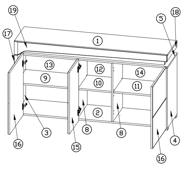 Rio Large Modern Oak and White Gloss 3 Door Sideboard With Lights - THK-1 - N8C